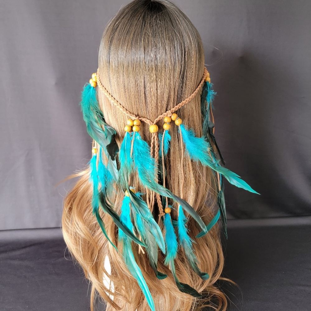 Boho Teal Green Feather Headdress‎ Headband Festival Wear
